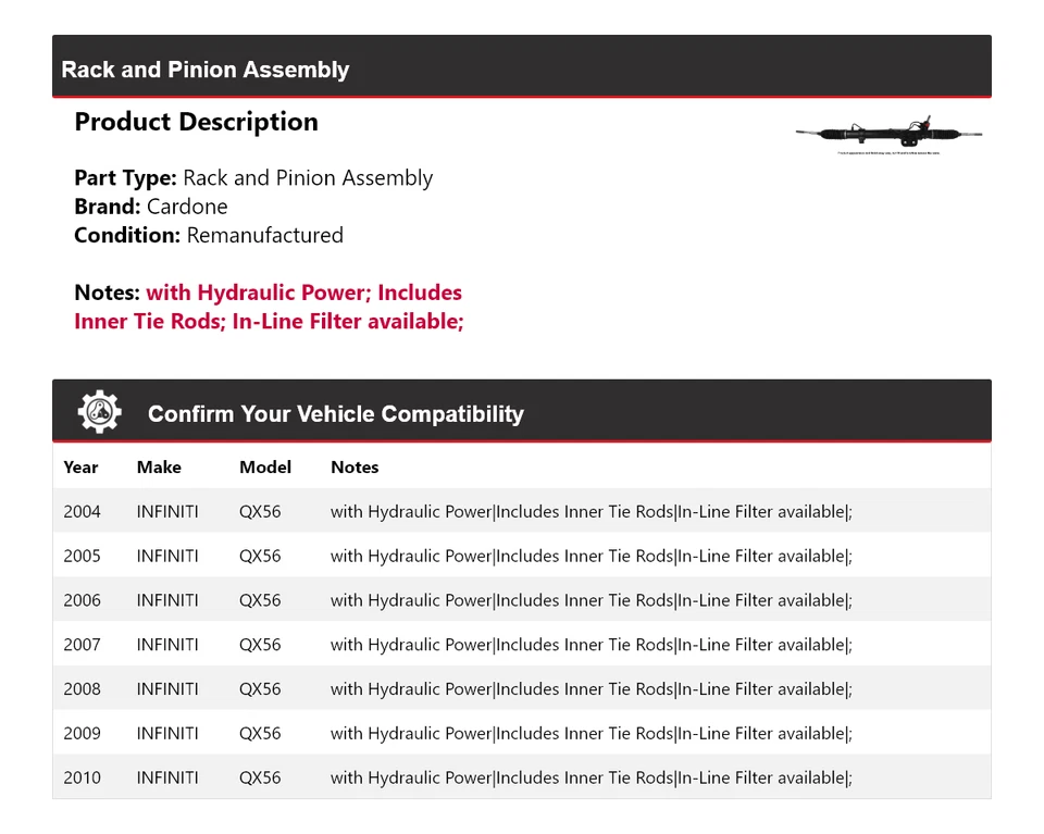 适用于 2004 - 2010 年 INFINITI QX56 机架和小齿轮总成 Cardone 2005 2006 2007 2008 — 第 2/4 张图片