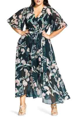 CITY CHIC Green Pastel Floral Fresh Fields V-Neck Maxi Wrap Dress
