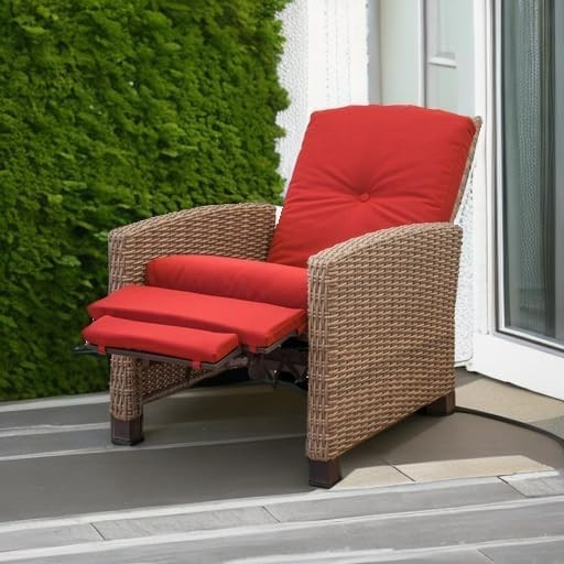 Domi Wicker Recliner, Indoor/Outdoor All-Weather Patio Chair, Red Cushion