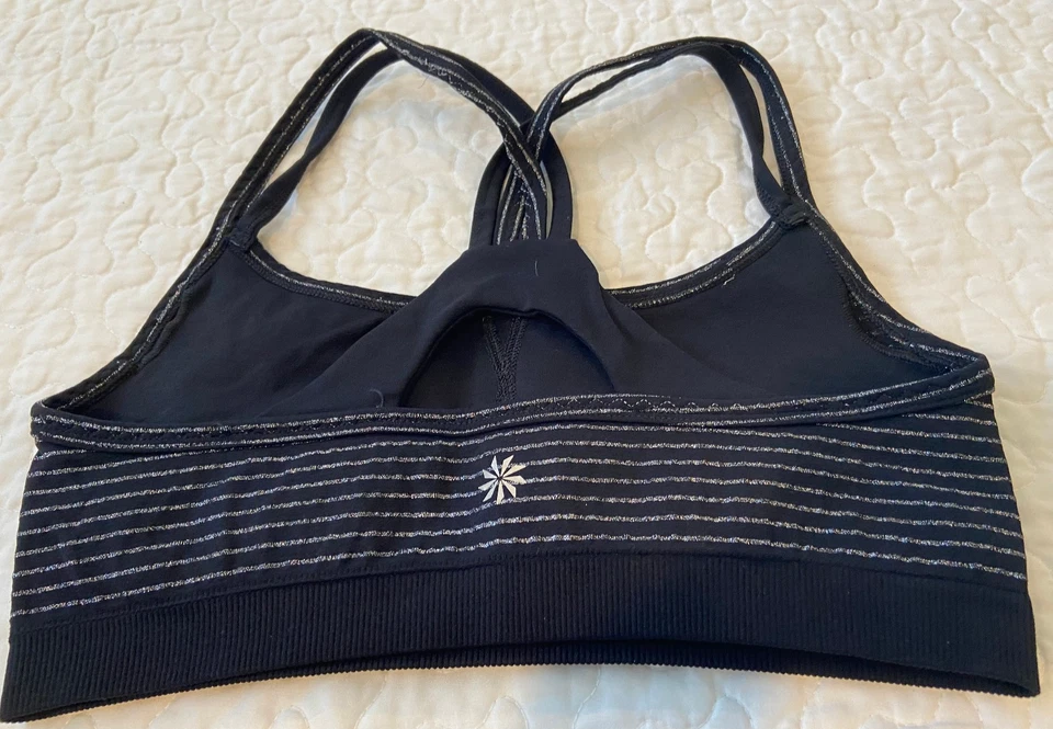 Sujetador Deportivo ATHLETA Talla M Negro con Rayas Plateadas Tirantes Espalda Yoga Gimnasio Activo Foto 2 de 4