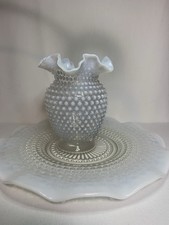  x1 Fenton Opalescent Hobnail Double Crimped 6" Vase And x1 11" Plate