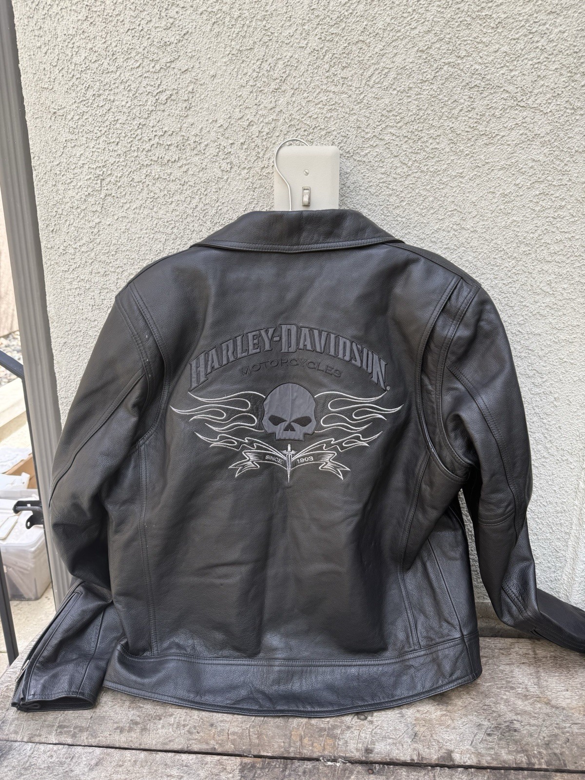 Harley Davidson Leather Jacket Men’s Large Skull Flames Back Logo Moto Biker image 3