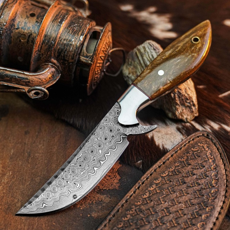 8.9" inch Damascus Steel Hunting Knife Full Tang Resin Handle Leather Sheath