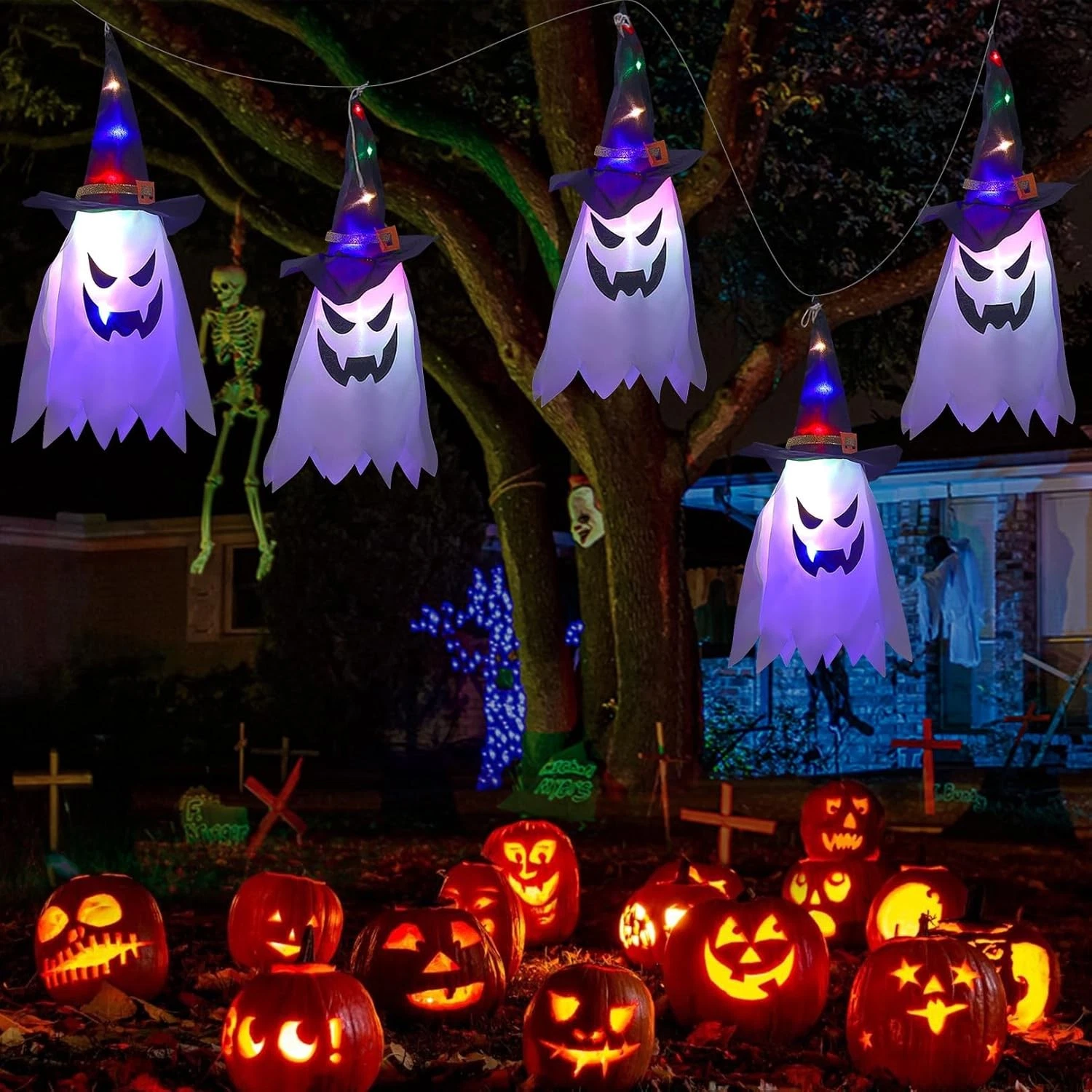 Halloween Decorations Outdoor,Hanging Ghosts String Lights,Glowing Ghost Witch H