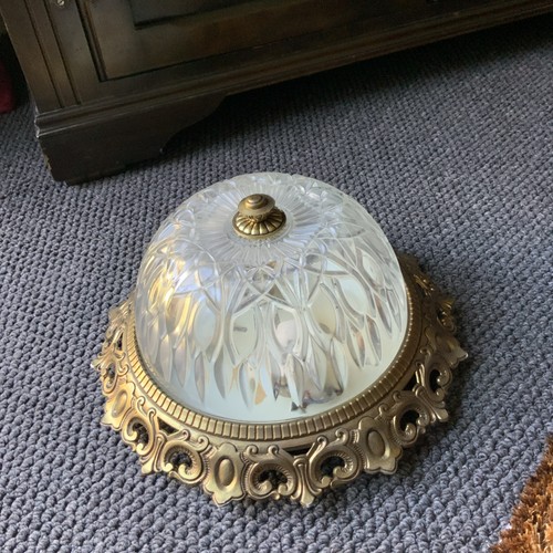 Ornate Brass Ceiling Light Fixture with a patterned glass shade 11” diameter