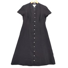 Talbots Petites Irish Linen Black Button Front Short Sleeve A Line Dress 4