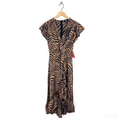 AX Paris Satin Animal Print Midi Wrap Dress Brown Black - Size 6 NEW