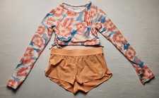 Roxy Girl's 8 Crop Bikini 2 Pc Rash Guard Tankini Swimsuit Coral Blue