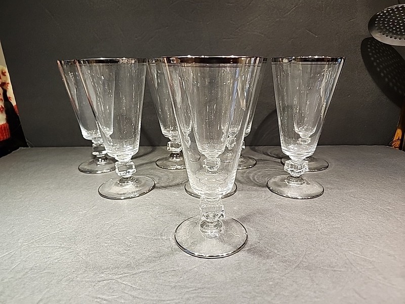 Set of 8 Cambridge Glass Triump Clear Platinum Trim Footed Iced Tea Tumblers