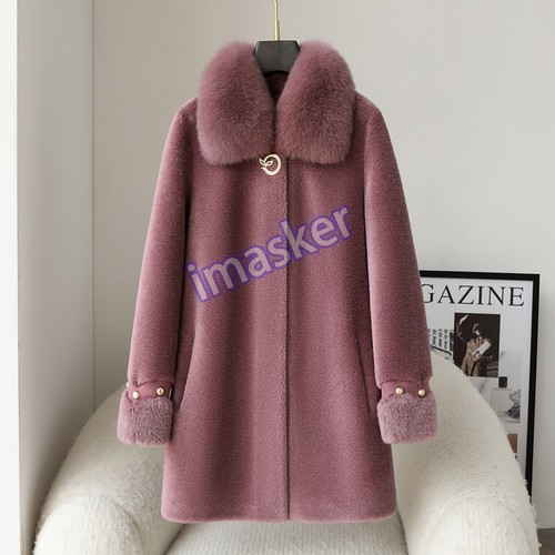 Manteau mi-long femme col fourrure renard véritable peau de mouton 100% laine chaud hiver - Photo 24/27