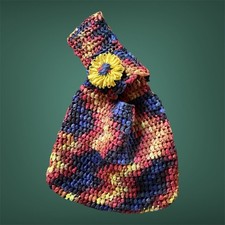 Unique Handmade Crocheted Japanese Knot Bag with Crocheted Flowers