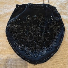 Vintage Black Silk Beaded, Metal Chain Drawstring, Purse 