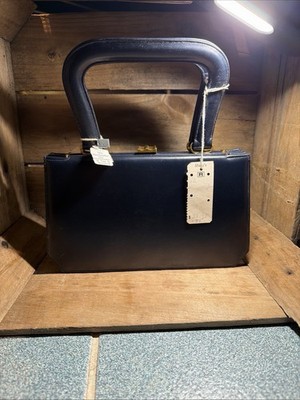 Vtg MILCH Navy Blue Leather Handbag DEADSTOCK 1950s Macys Tag Coin Purse Mirror