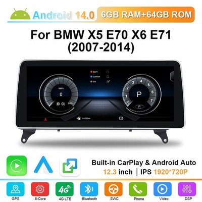 12.3'' 8-Kern 6+64GB Android 14 Autoradio CarPlay DAB+ Für BMW X5 E70 X6 E71 CCC