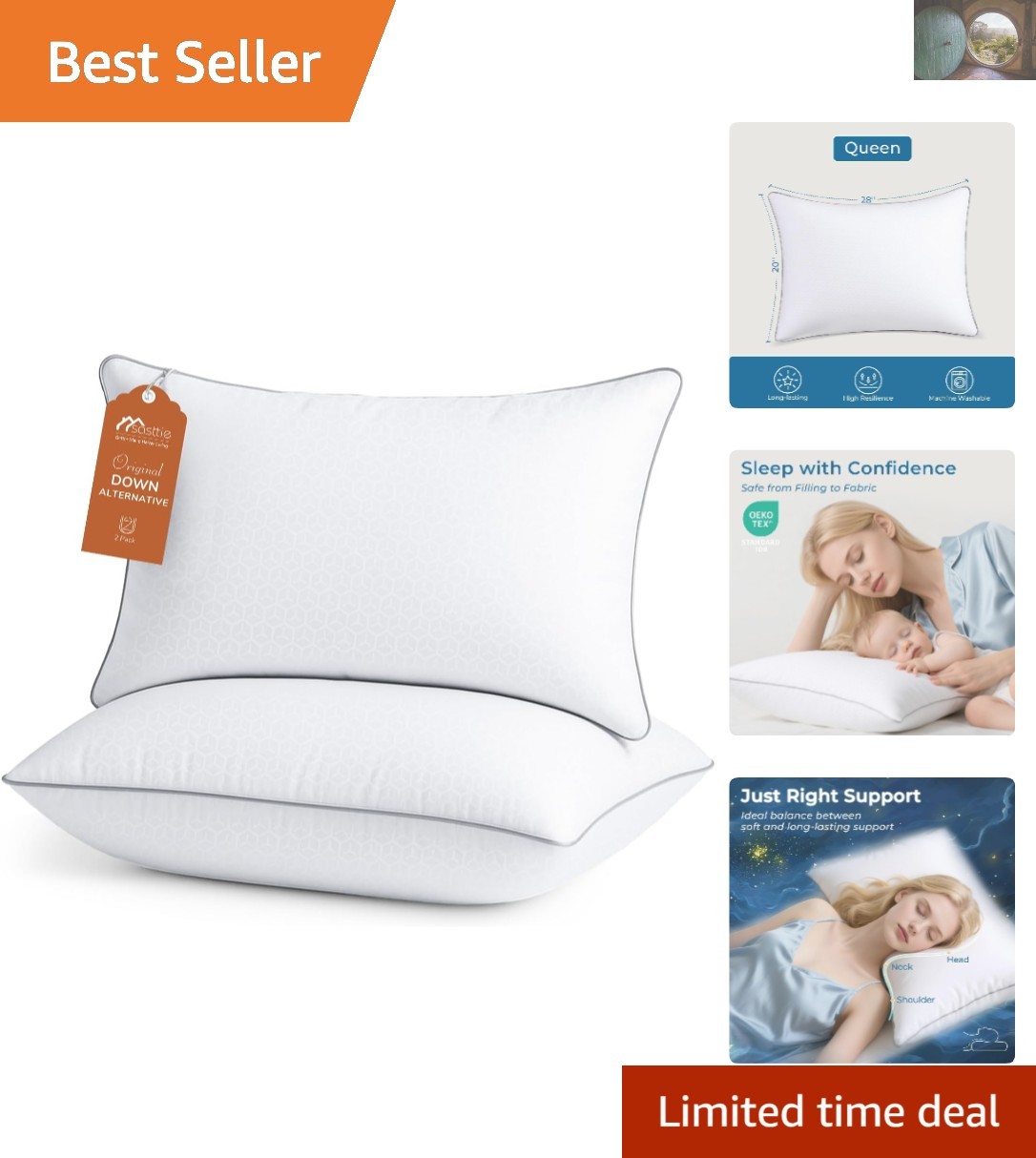 Plush Queen Pillows for Side, Back & Stomach Sleepers - Set of 2, Hypoallergenic