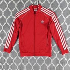Adidas Track Jacket Youth M Red Full Zip 3-Stripe Trefoil Logo Sporty Retro