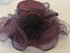 Women's Organza Wide Brim Hat Purple/Black/Red Flower Ribbon, Kentucky Derby