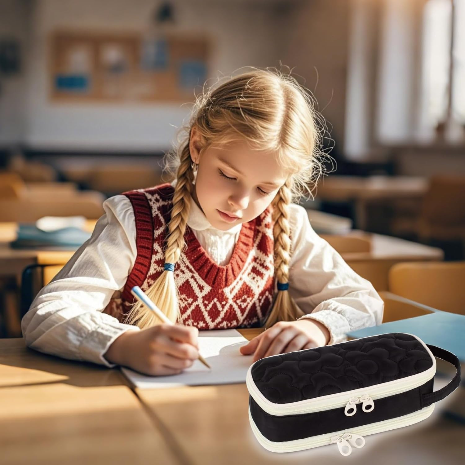 Pencil Case For Girls,Flower Quilted Large Capacity Pencil Pouch With 2 Compartm