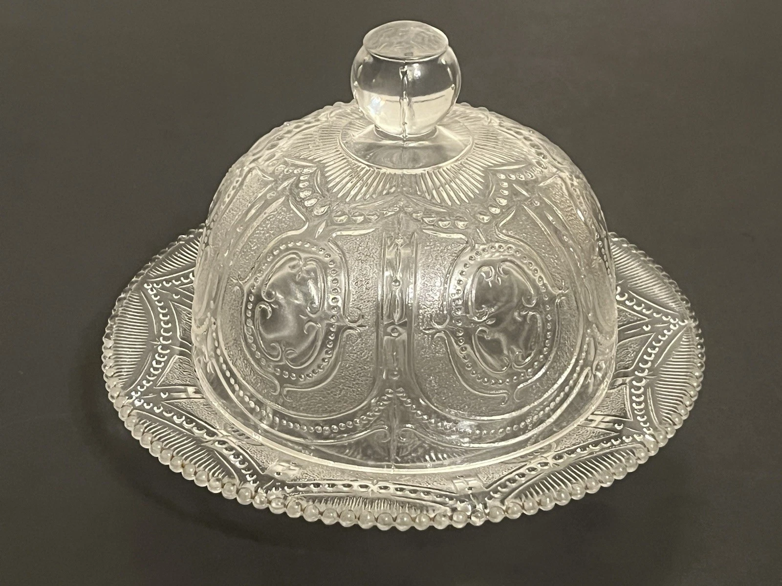 EAPG Heisey Stippled Beaded Shell Locket On Chain Butter Dish Late 1800’s