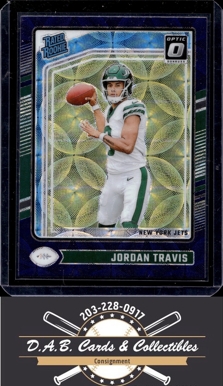 2024 Donruss Optic #260 Jordan Travis Blue Scope RC REFRACTOR ROOKIE Jets J12