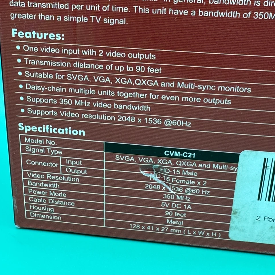 1x2 2 Port VGA HD15 Video Splitter PC Laptop to TV LCD Monitor Display 450MHz - Image 3 of 4