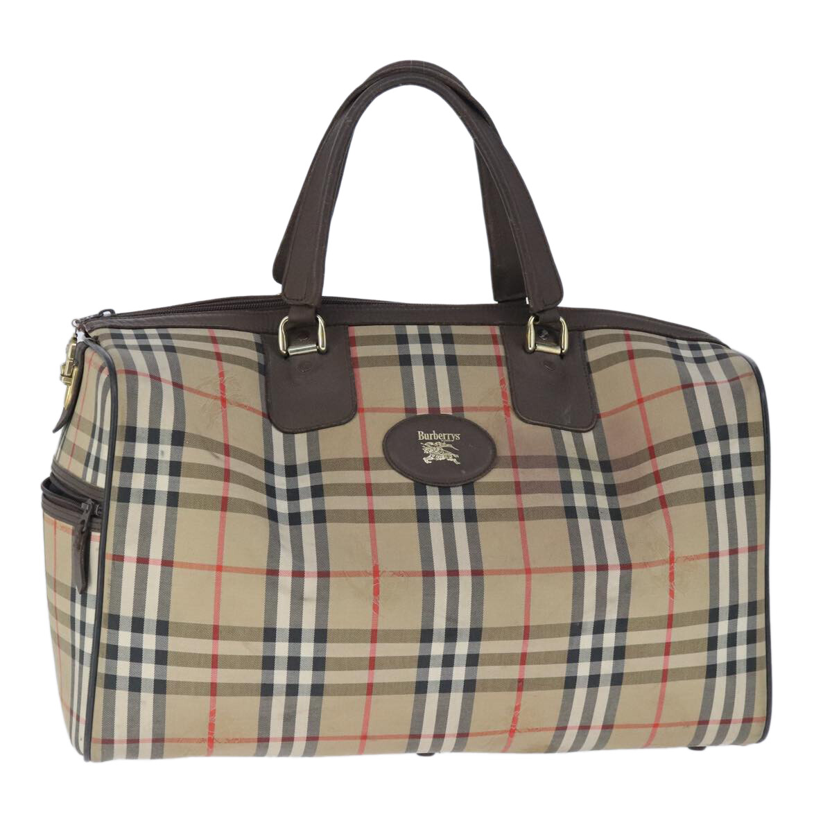 良品 Burberrys ボストンバッグ チェック 大容量 ビンテージ ポーチ Burberrys Nova Check Boston Bag Canvas Leather Beige Auth