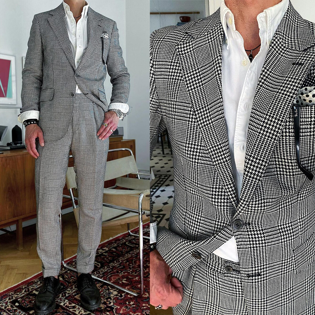 Men Suits Checked Houndstooth Dogstooth Wedding Prom Groom Tuxedos
