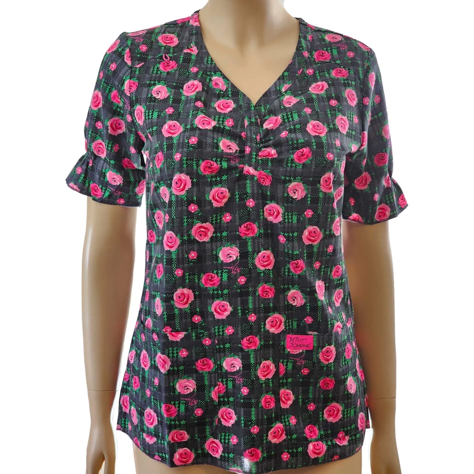 Betsey Johnson Koi Canola Women’s Scrub Top Cozy Roses - Image 2 of 4