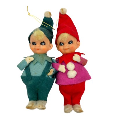 Vintage 1960's Elves Pixies Creepy Black Eyes Interlocking Arms Ornaments Japan