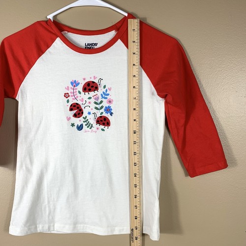 Lands End Youth Girls Size 8 Medium Raglan 3/4 Sleeve Ladybug Floral Cotton - Picture 7 of 10