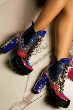 New Mermaid Sequin Glitter Chelsea Booties Ankle Boot Lace-Up Lug Platform Heel