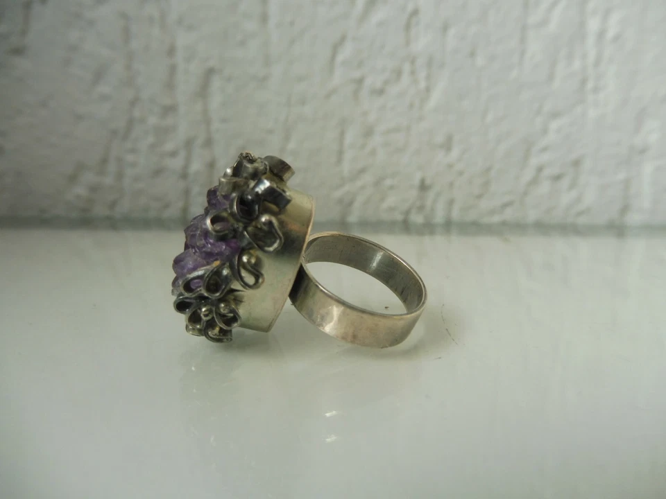 Anello Vecchio Molto Bello In Argento 925 Con Ametiste Naturali - Immagine 3 di 4