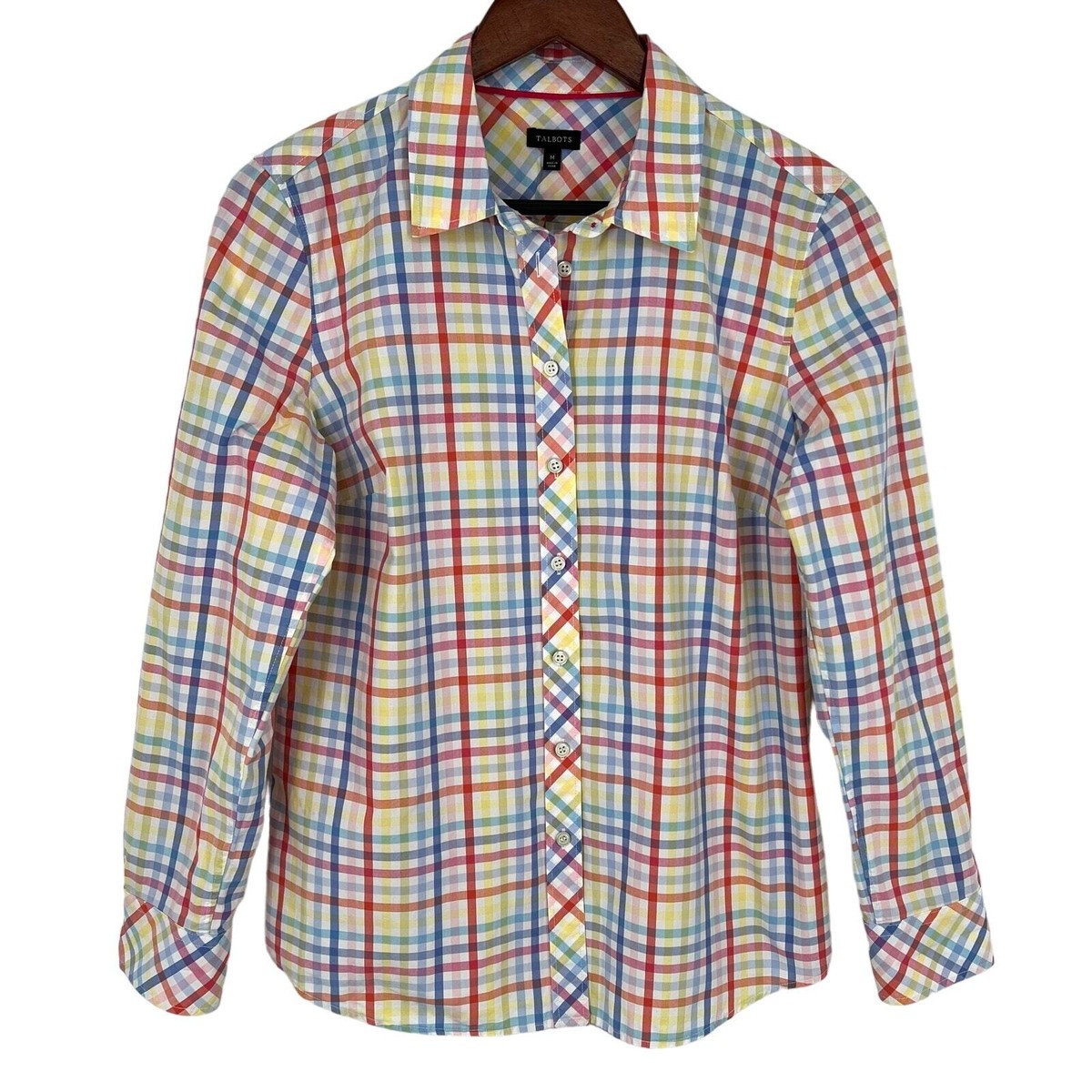Talbots Sz Medium Multicolor Pastel Plaid Long Sleeve Blouse Shirt Top  Easter