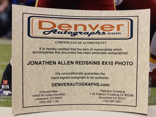 Jonathan Allen Signed Washington Redskins 8x10 Photo JSA - Picture 6 of 6