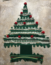 Vintage 60s 70s Hanging Woven Macrame Christmas Tree Pom Pom Boho 31" Lx 22" W