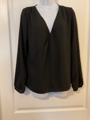 Forever 21 Black V-Neck Wrap Snap Long Sleeve Top Polyester