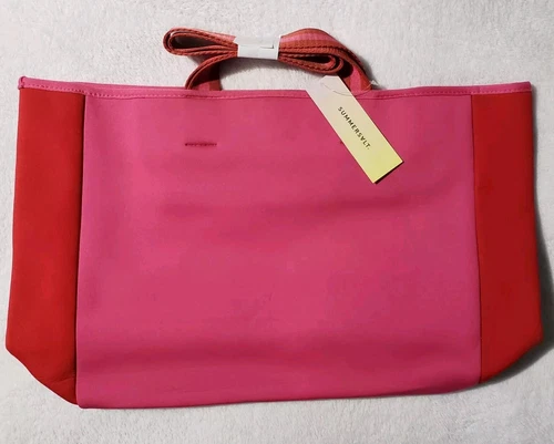 SUMMERSALT Neoprene Beach Tote Pink Red Mesh Zippered Inner Pocket Snap Closure 