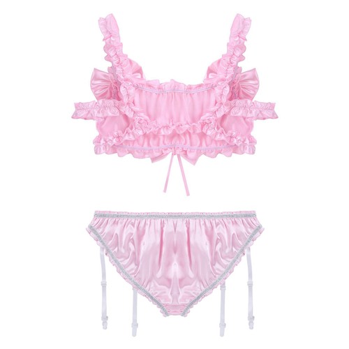Set Reggiseno Uomo Sissy Frilly Arruffato Senza Ferretto Bralette con Mutandine Set Lingerie - Foto 24 di 48