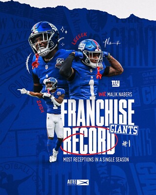 Malik Nabers Franchise Receptions Record New York Giants 8x10 NFL Football Photo