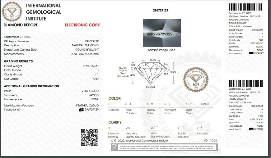 Natural Loose Diamond 0.70 Ct Round Cut 5.5 mm H Color I1 Grade IGI Certified - Image 3 of 4