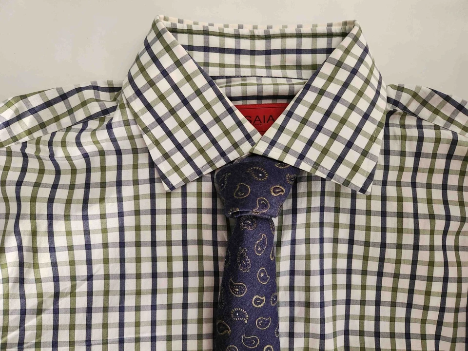 Isaia Napoli - Camisa de algodón blanca con cuadros azules y verdes - Talla 16,5/42 Foto 2 de 4
