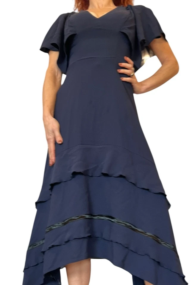 VESTIDO MIDI DEREK LAM SEDA AZUL MARINO VOLANTE ASIMÉTRICO CAPAS MANGA CORTA 2 Foto 3 de 4