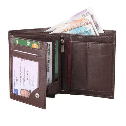 Mens RFID Quality Soft Leather Wallet ID Window, Zip And Coin Pocket 503 BrownOpens in a new window or tab