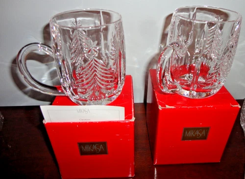 MIKASA CHRISTMAS TREE LEAD CRYSTAL SET OF 2 COFFEE TEA MUGS