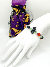Adorable 7.5" Halloween Bat w/ Glass Rhinestones Beaded Stretch Bracelet Goth