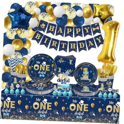 Mr Onederful 232 PCS Blue Gold Birthday Decorations - Plates, Napkins, Cups,