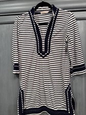 TORY BURCH Cotton Terry Cloth Stripe Tunic Navy White size XS 