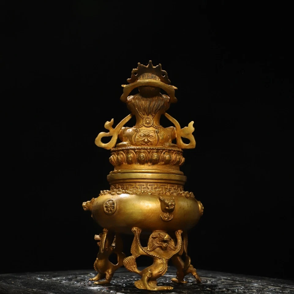 8.3" China Old Antique Tibetan Buddhism Bronze Gilt Mahakala Incense Burner - Image 4 of 4