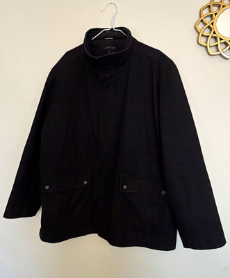 Calvin Klein Men's Black XL Mid-Length Overcoat Jacket Stand-Up Collar Zip Snap
