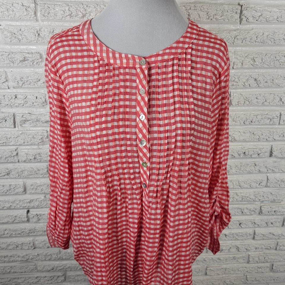 Ruby Rd Women Top 1X Plus Tunic Red Gingham Check Semi Sheer Pintuck Lightweight - Image 3 of 4